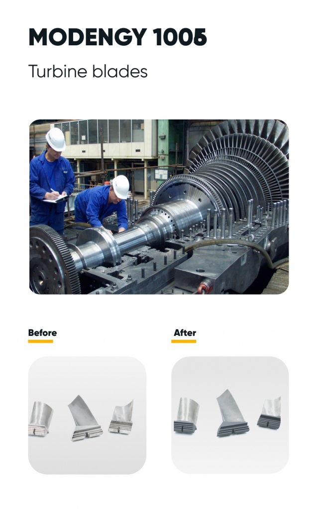 Turbine blades in their initial state, and after applying MODENGY coating