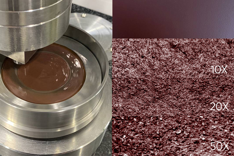 MODENGY coating containing ceramic fillers. On the left: process of tribotechnical tests with engine oil; on the right: the coating structure visible by microscope
